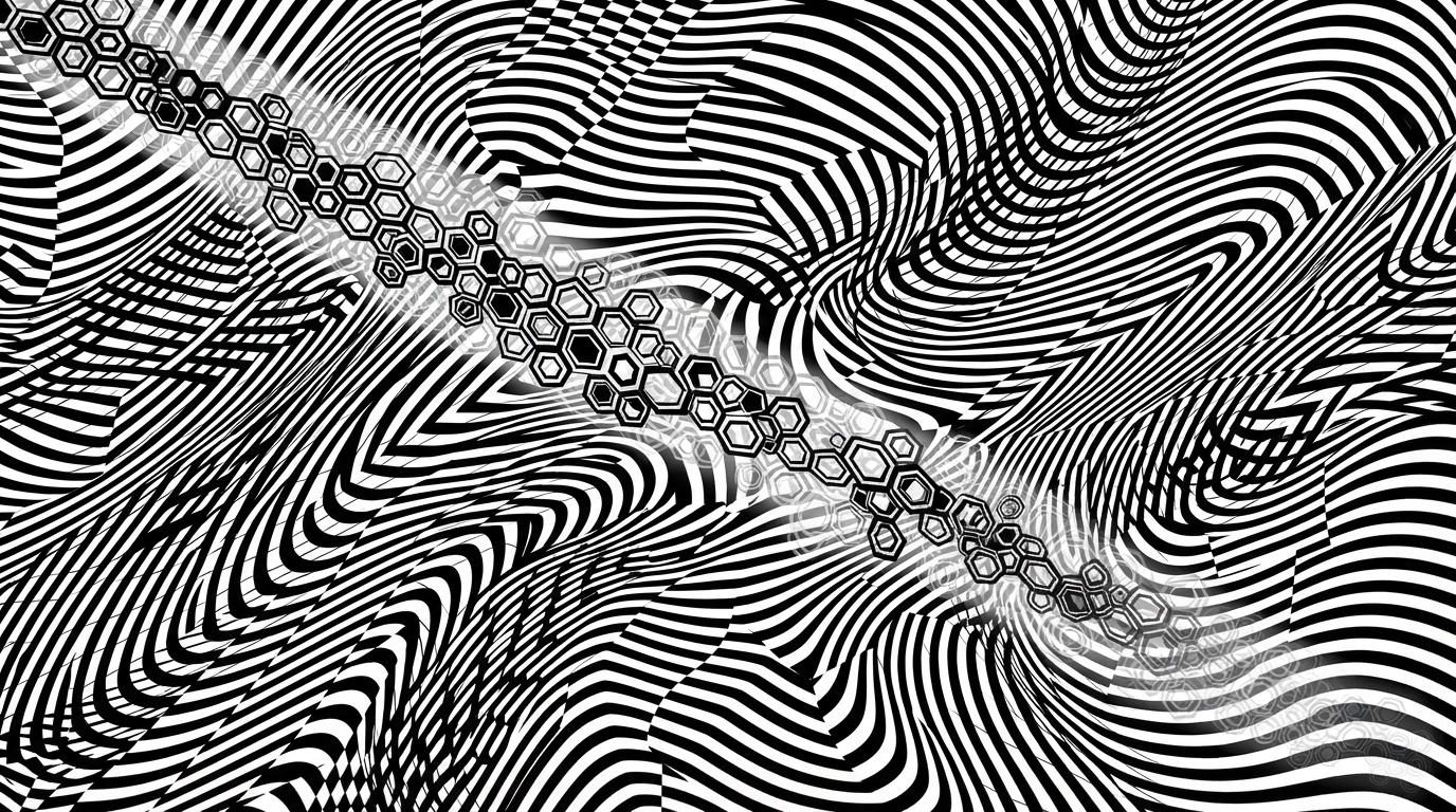 A diagonal trail of small repeating shapes crossing a vast grid