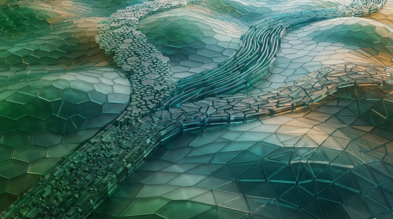 A single path splitting into three distinct trails through abstract terrain