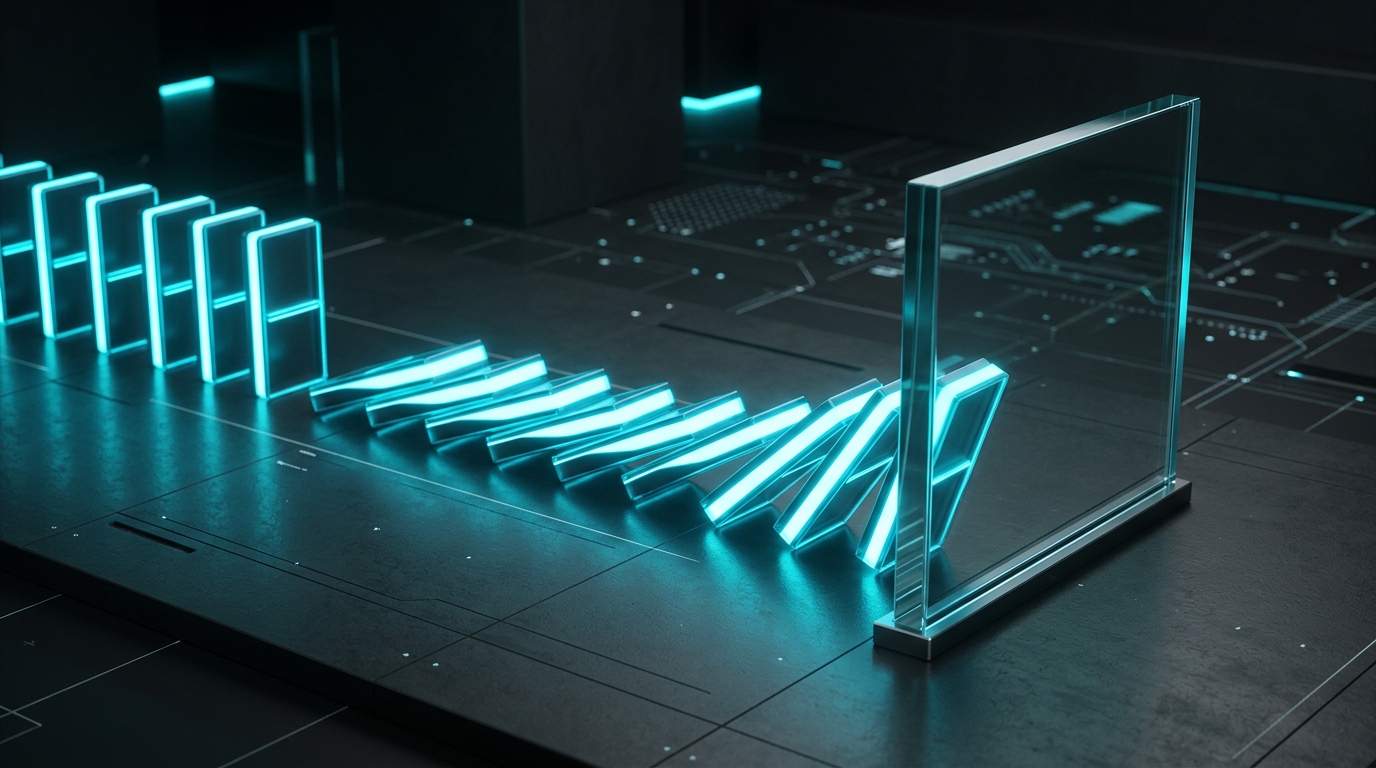 A sequence of falling neon-blue blocks on a dark surface, safely halted by a transparent barrier