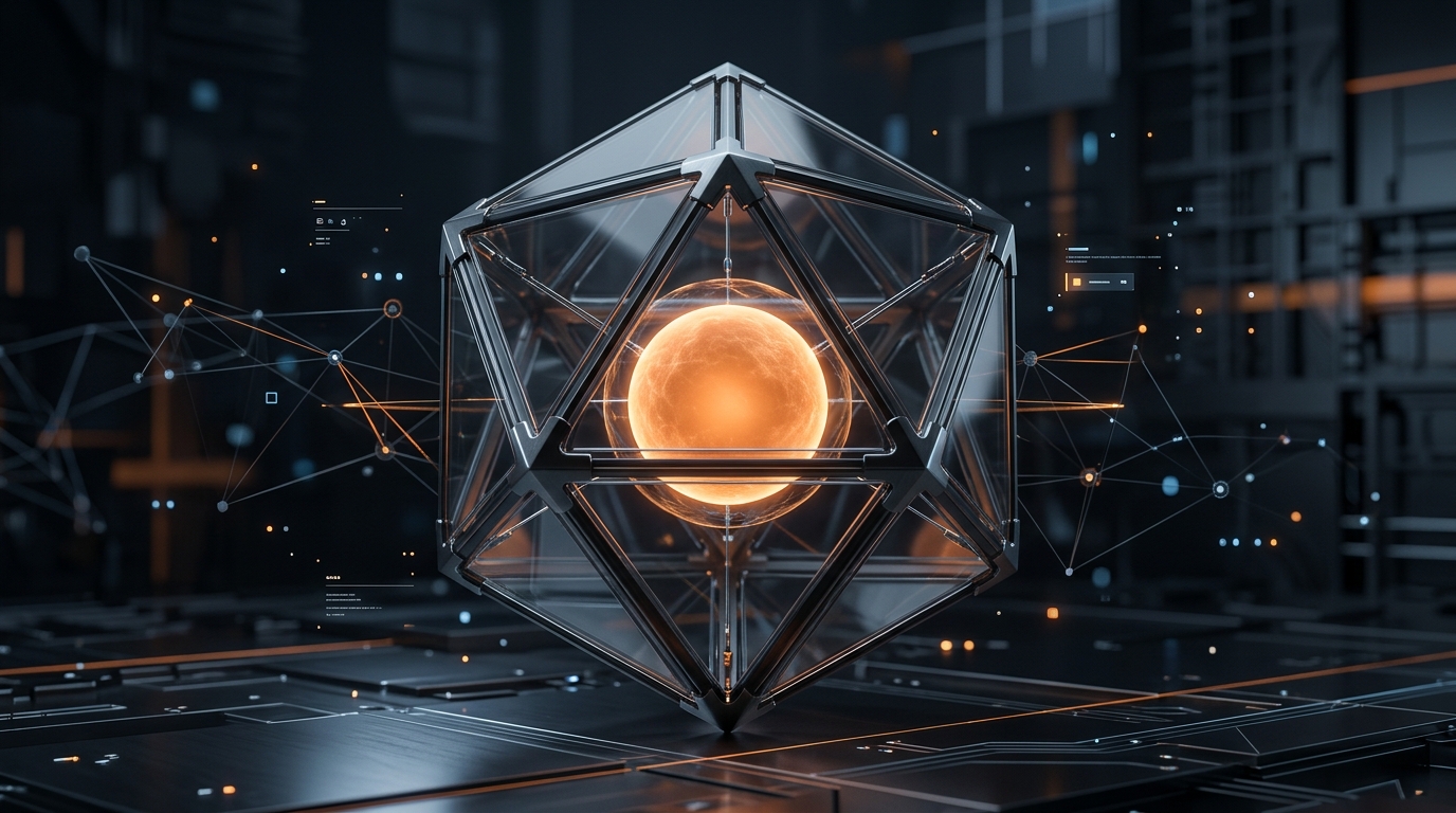 A glowing orange sphere floating securely inside an open, transparent geometric frame